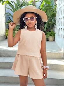 SHEIN Tween Girls Solid Color Textured Tank Top & Shorts 2 Pieces Set, Suitable For Summer, Beach, Vacation - Apricot - View 3