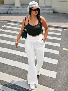 SHEIN EZwear Quần yoga cạp cao ống loe cỡ lớn có túi, màu trơn thường ngày, dành cho mùa xuân và mùa hè - trắng - Xem 5
