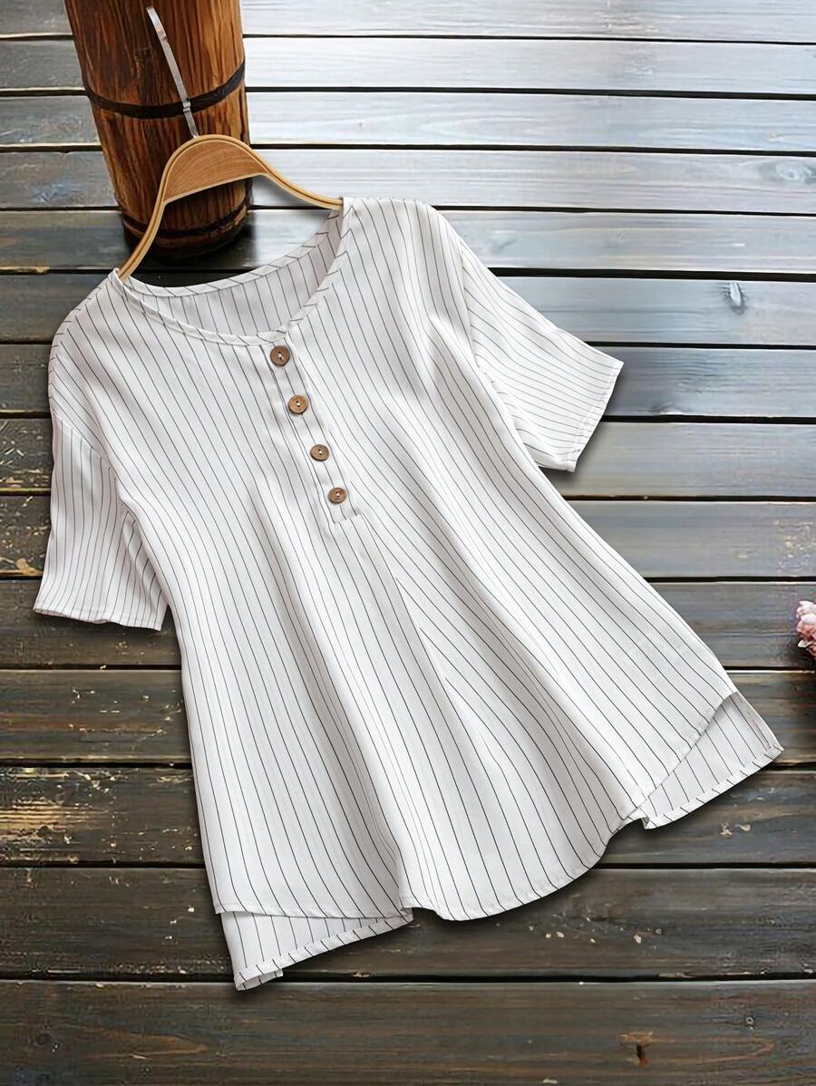SHEIN White Striped Short Sleeve Casual Shirt For Women - White - View 1
