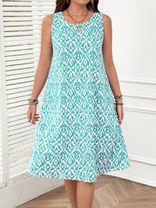 SHEIN LUNE Plus Size Women All-Over Print Crew Neck Sleeveless Casual Dress With Pockets - Mint Blue - View 3