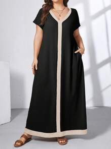 SHEIN Essnce 大码女式撞色 V 领短袖口袋休闲宽松连衣裙 - 黑色 - 查看 4
