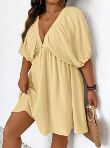 SHEIN Frenchy 舒适灯笼袖中长款 A 字型大码度假休闲短款连衣裙夏季女士连衣裙 - 芥末黃 - 查看 6