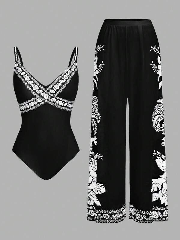 Swim Oasis Women's Floral Print 1-Piece Swimsuit With Coverup And Long Pants, Holiday/Vacation