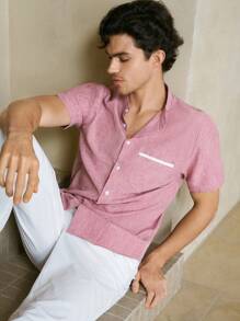 HIMLAND Men Mock Neck Button Front Short Sleeve Shirt, Old Money - Pink - View 5