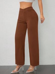 SHEIN PETITE 女士休闲优雅腰部交叉剪裁直筒裤 - 咖啡棕 - 查看 4