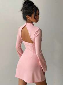 Aloruh 全新情人节/中国新年复古硬币设计立领修身 A 字型喇叭袖优雅红色派对礼服 - 粉色 - 查看 2