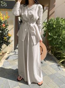 DAZY 优雅高品质不对称上衣和阔腿裤两件套女士家居服套装 - 灰色 - 查看 2
