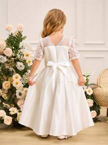 SHEIN Glamorique Kids Girls White Satin Floral Puff Sleeve Princess Pageant Dress, Cute & Sweet For Holiday/Wedding - White - View 2