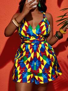 Slaydiva Macaquinho Plus Size Feminino de Verão com Amarra no Pescoço, Nó na Cintura, Estampa Xadrez Colorida - B - Multicolorido - Visão 5