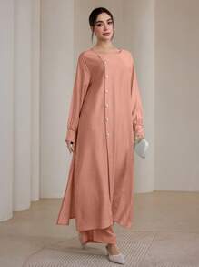 Graceveil 2 件套女士休闲纯色单排扣长袖套装 - 藕粉色 - 查看 4