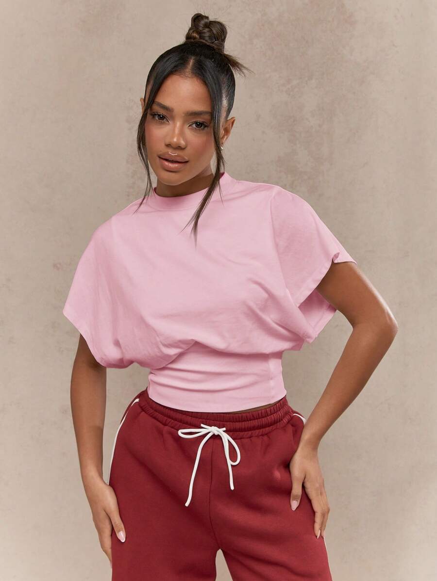 MISSGUIDED 超大褶皱T恤气球袖宽松版型运动休闲束腰锻炼休闲夏季春季顶级街头服饰周末必备 - 藕粉色 - 查看 1