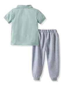 SHEIN 2pcs/Set Young Boy Casual Letter Embroidered Short Sleeve Polo Shirt & Pants Set, Summer - Mint Green - View 2