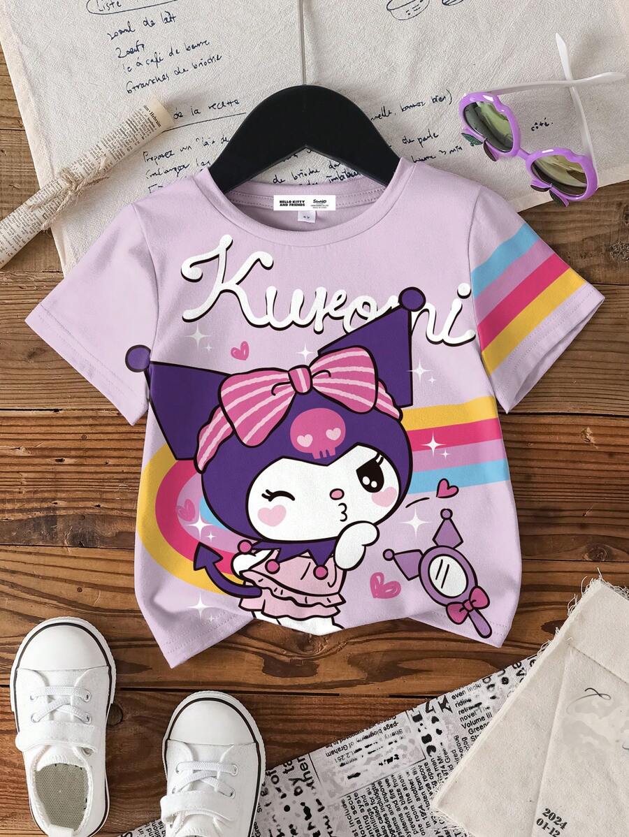 HELLO KITTY AND FRIENDS | SHEIN 年轻女孩紫色圆领短袖休闲可爱字母和卡通图案 T 恤 - 白色 - 查看 1