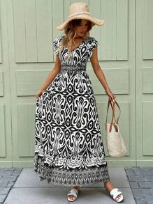 SHEIN LUNE V-Ausschnitt Rüschen Saum Puffärmel Taille gedrafft Rüschen Saum A-Linie Kleid, lässiges Urlaubs Blume Muster Damenkleid