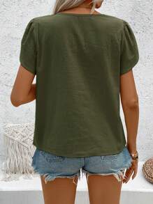 Breezaya Women's Solid Color Button Design Bud Short Sleeve Shirt - Olive Green - View 2