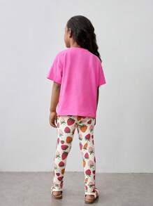 Maija Kids Maija Kids 2pcs/Set Girls Strawberry Pattern Ruffle Trim Loose Casual Round Neck Short Sleeve Top And Pants Set - Pink - View 2