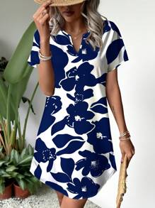 SHEIN LUNE 休闲简约女士蓝色碎花V领编织短款连衣裙，适合春夏穿着，女士夏季连衣裙，时尚休闲款 - 彩色 - 查看 1