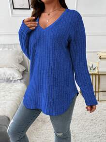 EMERY ROSE Plus Ribbed Knit V Neck Tee Fall Cloth For Women - Royal Blue - View 7
