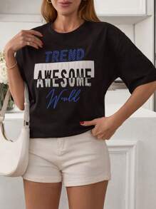 EURMUSE Damen T-Shirt mit Slogan Motiv, 3D Softtouch, Rundhalsausschnitt, lockere Passform