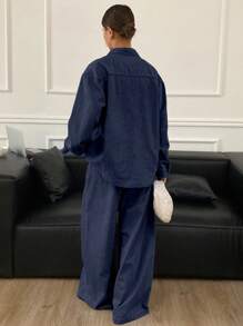 Livesso 女式长袖单排扣牛仔衬衫和裤子套装 - 深色水洗藍 - 查看 5