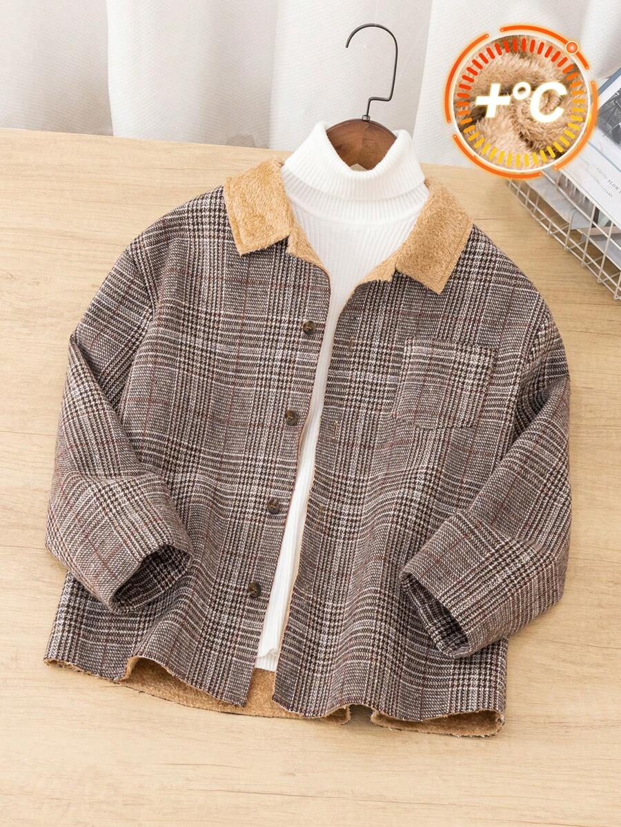 Tween 男童休闲学院风格子保暖衬里立领保暖口袋宽松拉链夹克，厚款 - 彩色 - 查看 1