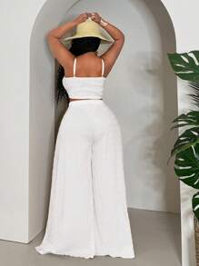 Slaydiva Plus Size Sleeveless Top And Slit Pants Set, Solid Yellow Color, Long Style, Summer Vacation