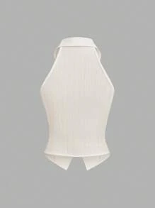 Sweetra Camisa tipo cárdigan sin mangas de mujer con cuello de chifón texturizado - Albaricoque - Ver 2