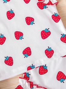 2pcs Baby Girls' Spring/Summer Fashion Soft & Comfy Strawberry Print Ruffle Hem Camisole And Shorts Set - White - View 5