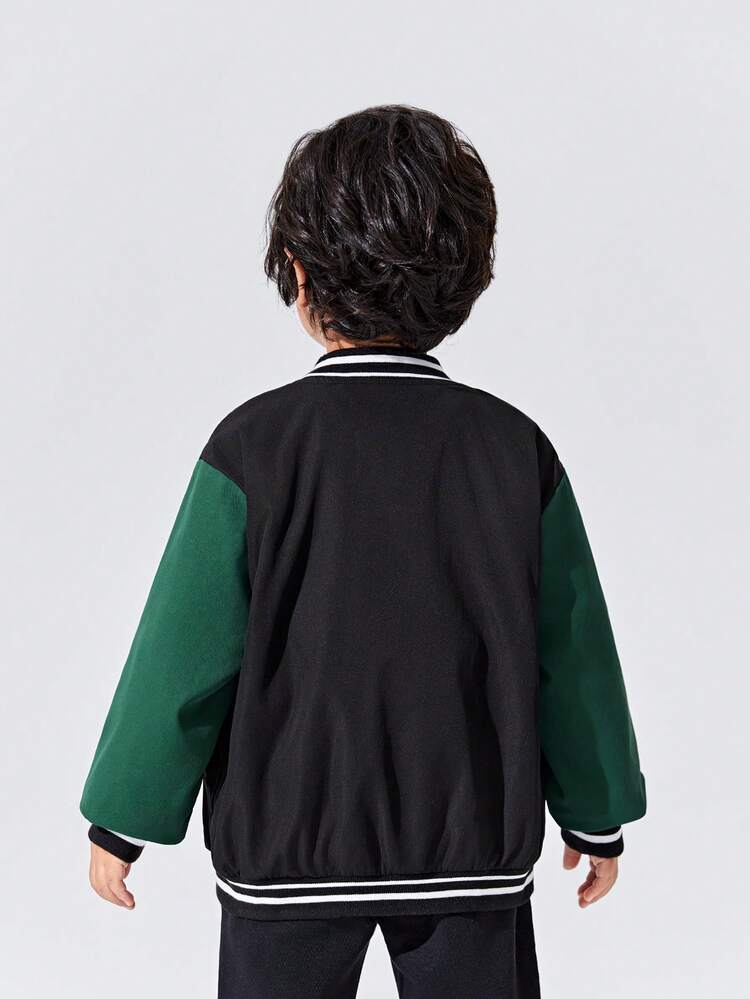 Young Boy Casual Streetwear Pilot Jacket With Embroidered Letter K, Color Block Sleeves, Striped Decor, Loose Fit, Warm And Thickened Lining, Suitable For Fall And Winter