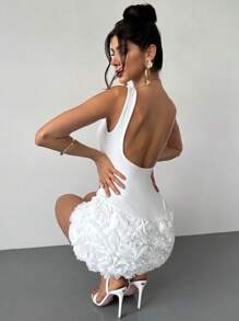 Firerie 女士优雅简约精致浪漫时尚派对度假音乐节日常穿着无袖紧身迷你连衣裙，花卉纹理面料 - 白色 - 查看 7