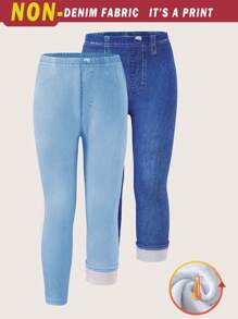 2pcs/Set Young Girl Casual Cool Denim Effect Knitted Thermal Lined Leggings In Black & Blue - Multicolor - View 7