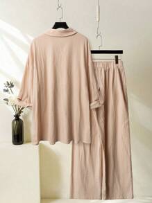 Lacomfia 2pcs/Set Women Floral Embroidery Long Sleeve Buttoned Shirt And Pants Embroidered Casual Cotton Sweat-Wicking Shirt And Pants Set