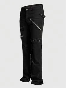 ROMWE MEN Street Life Men's Punk Cowboy Jeans With Eyelet Design And Pockets, Casual Flared - Black - View 3