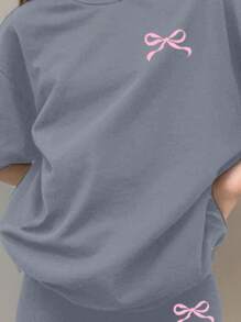 SHEIN Leap Crew Bộ 2 chiếc áo ngắn tay tối giản thường ngày và quần dài cho bé gái tuổi teen, phù hợp cho mùa hè - Màu xanh lam - Xem 3