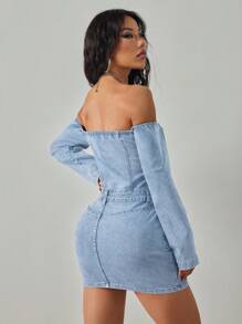 SHEIN ICON 女士露肩弹力紧身洗水牛仔连衣裙