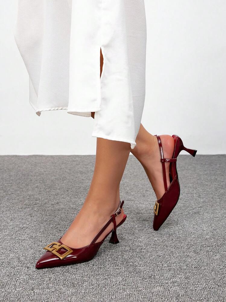 CUCCOO BIZCHIC Women's Pointed Toe Low Heel Wine Red Slingback Commuting Work Pumps For Christmas Valentine's Day Spring Shoes - Burgundy - View 8