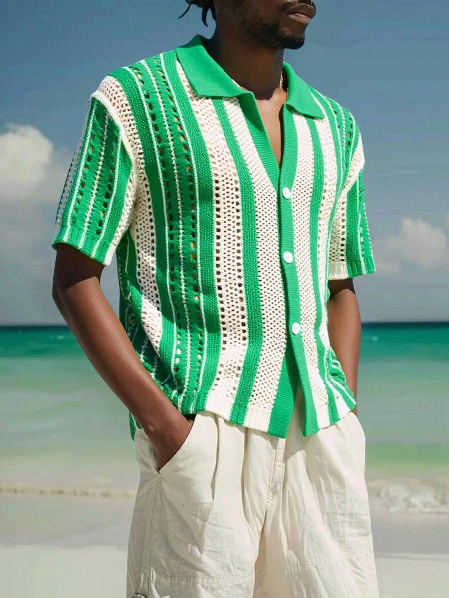 Manfinity CasualKnits Men's Casual Knitted Pullover, Minimalist Fashion For Everyday Wear Men Crochet Shirt Men Beach Shirts - Multicolor - View 1