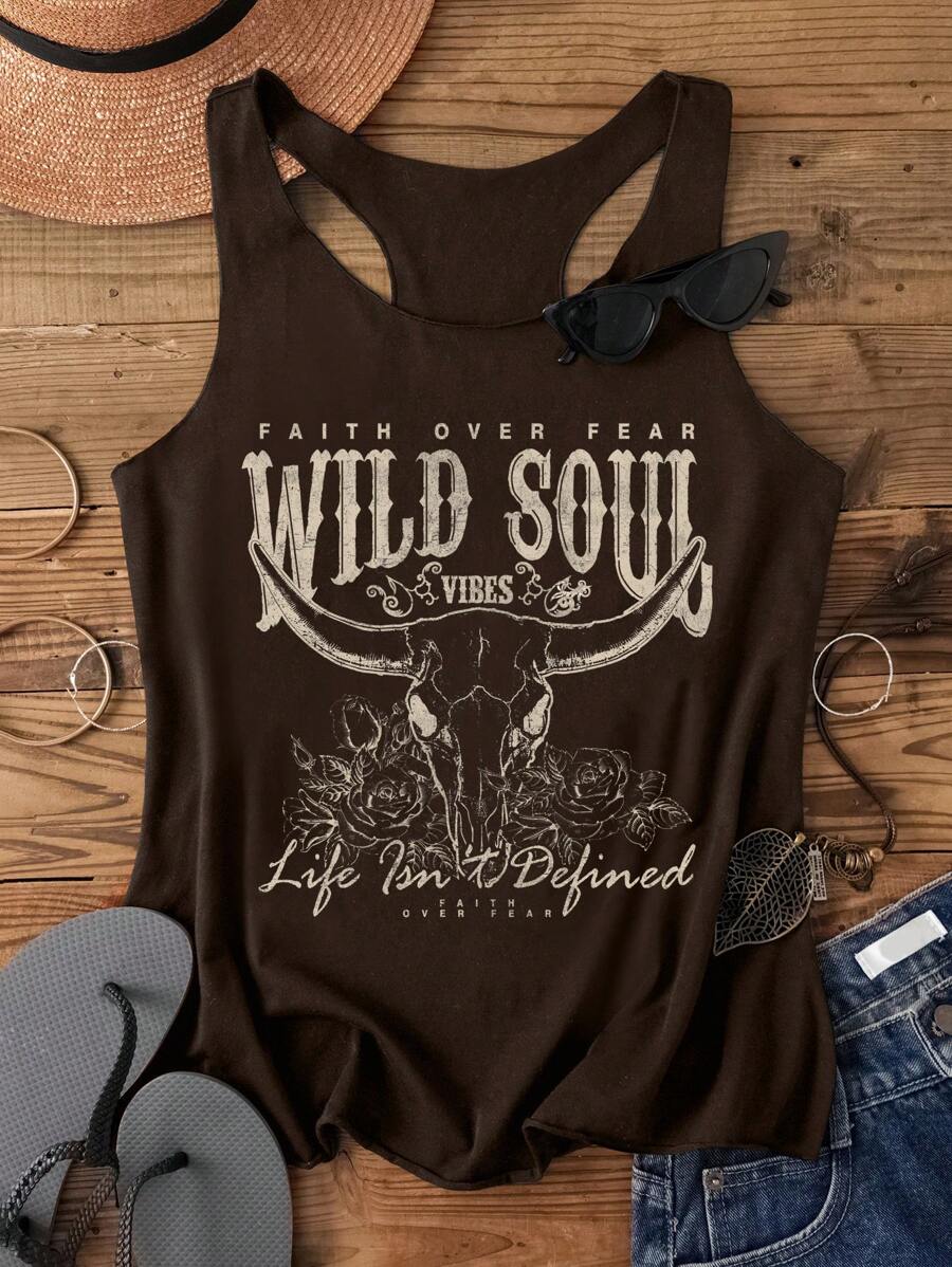 Attitoon Women's Casual Western Cattle Head Pattern Fitted Slim Tank Top, Summer Back To School