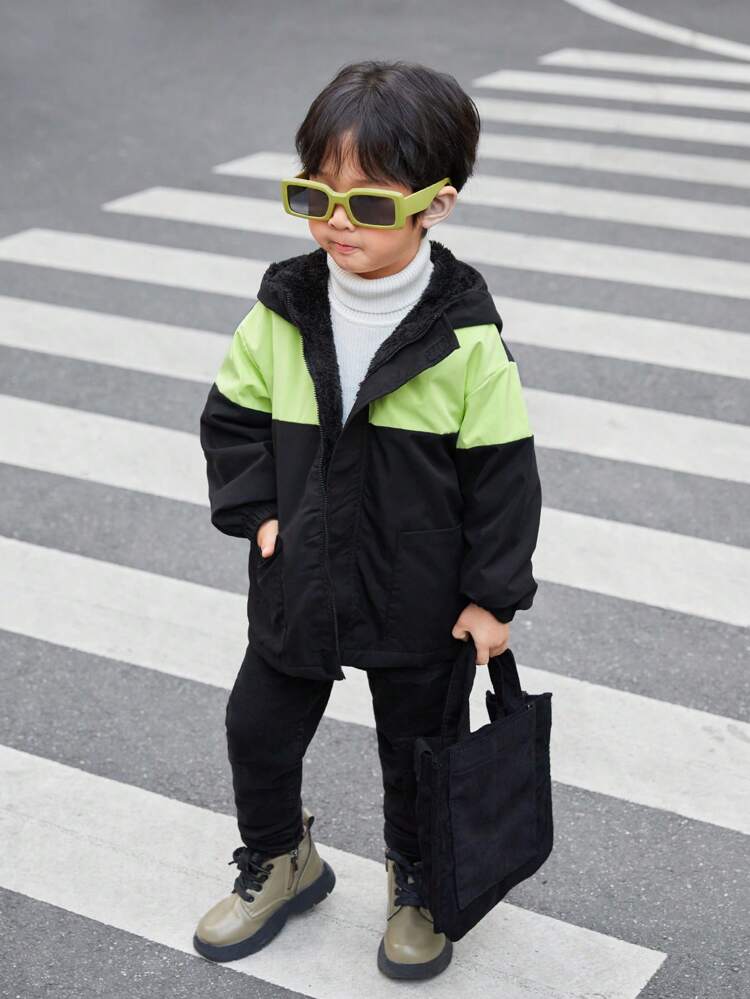 Toddler Boys' Comfortable Casual Hooded Fleece Jacket With Color-blocked Design