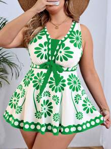 Swim Lushoire Plus Size All-Over Print Swimdress With Swim Trunks - Black - View 1