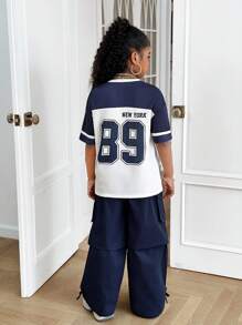 SHEIN Leap Crew 2 件套 Tween 女童宽松休闲运动衫 T 恤和阔腿工装裤套装 - 藍色 - 查看 2