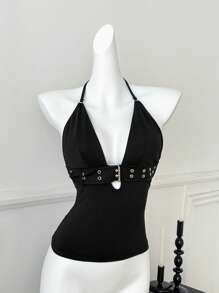 Comfortcana Top canotta donna con scollo alla halter, design con passante, a tinta unita, sexy