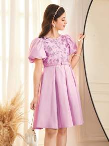 SHEIN Tween-Mädchen Elegantes Kleid mit Pailletten, Puffärmeln, tiefem Schritt und Rüschensaum