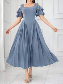 Modelyn 女士优雅纯色露肩荷叶边褶皱长裙，夏季 - 藍色 - 查看 5