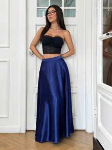 SHEIN PETITE High Waist Solid Flared Party Women Skirt - Navy Blue - View 3