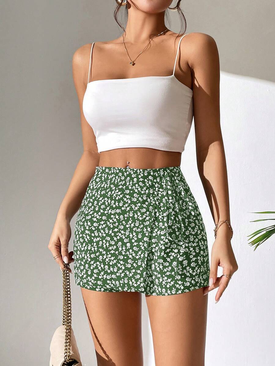 SHEIN PETITE Ditsy Floral Print Knot Side Wrap Hem Summer Skort - Olive Green - View 1