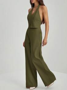 SHEIN Tall 办公室女士V领露背无袖上衣+阔腿裤修身加长套装 - 軍綠色 - 查看 3