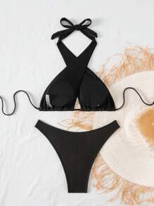 Swim SXY Set de traje de baño de 2 piezas de mujer de unicolor de punto con parte posterior atada para el verano