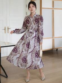 DAZY 女士全印花泡泡袖衬衫半裙套装（2件套），秋季女装度假装 - 棕色 - 查看 8