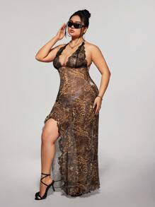 SHEIN ICON Plus Size Leopard Print Lace Patchwork Backless Tie Long Dress, Vacation - Multicolor - View 3